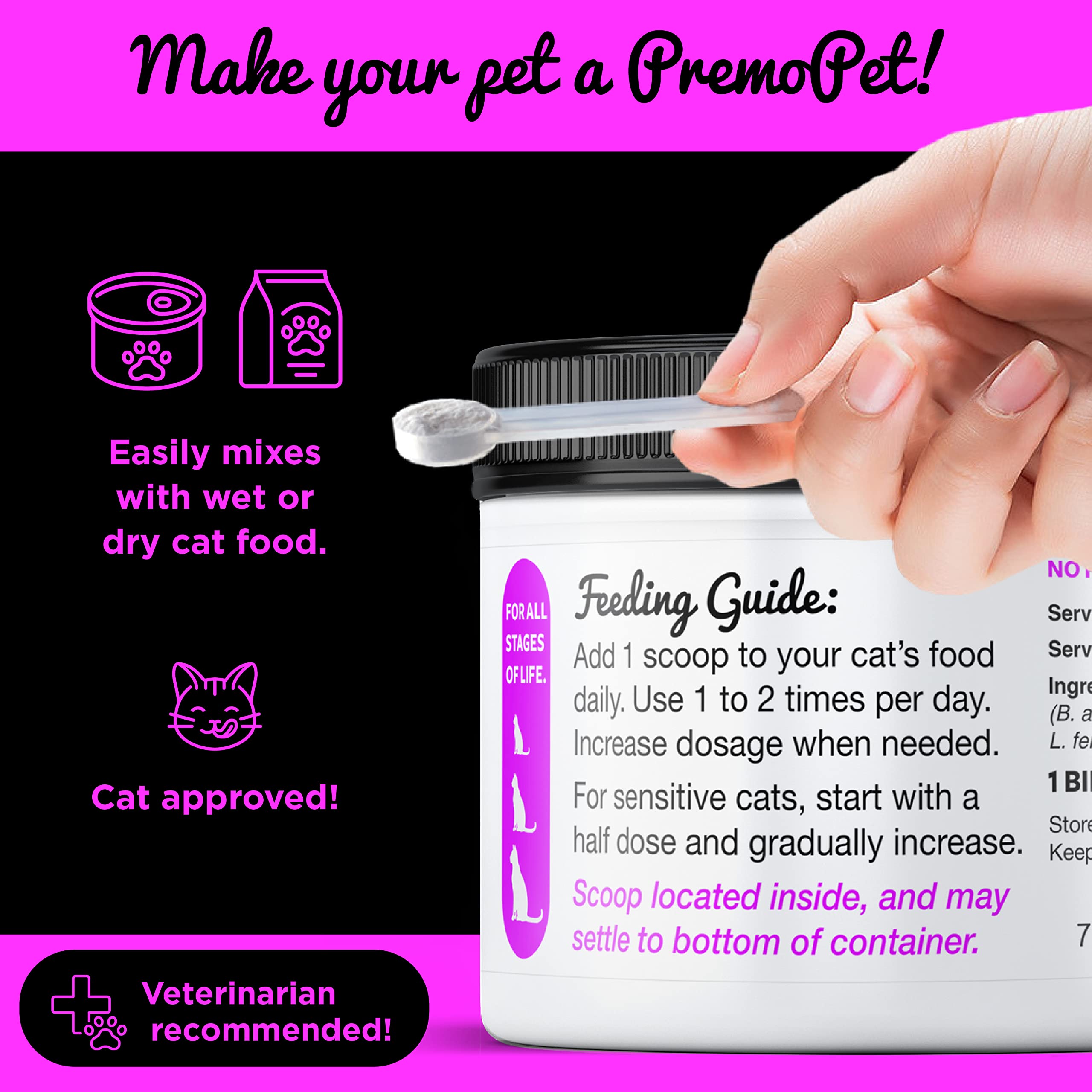 PROBIOTIC for Cats – 120 Servings - Premo Pet – Digestive Aid Plus Prebiotics - Best for Diarrhea, Vomiting, Gas, Skin Conditions – Tasteless – Wheat &amp; Dairy Free – GMP – Vet Approved