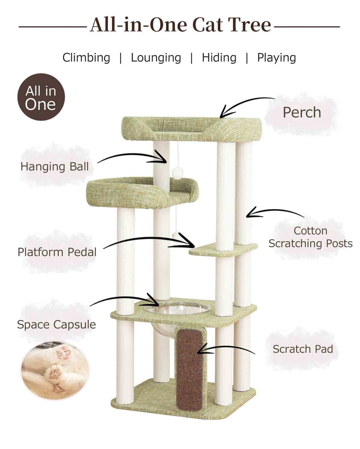 Cat Tree Tower Wooden 37.4''(95 cm), Large Cat Tree with Jump Platform &amp; Play Ball for Indoor Cats, Ideal Cat's Climbing Frame &amp; Playhouse (Linen Fabric Light Grey)