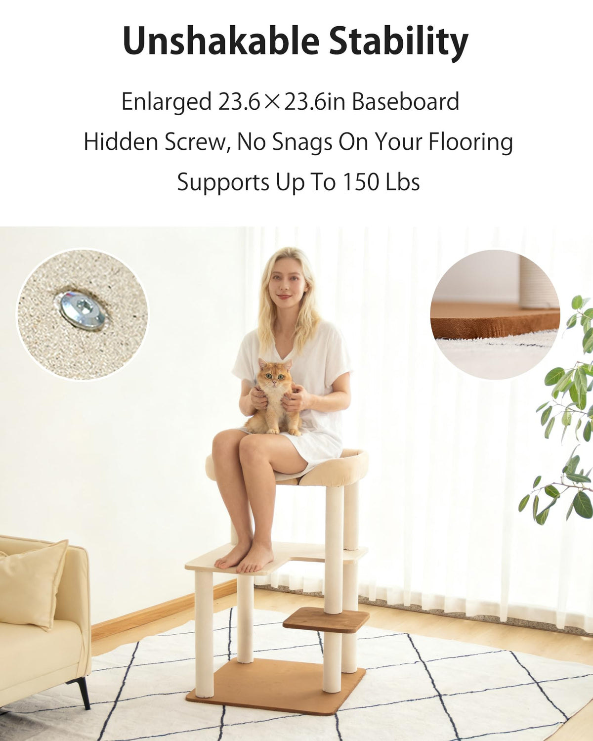 Cat Tree Tower Wooden 37.4''(95 cm), Large Cat Tree with Jump Platform &amp; Play Ball for Indoor Cats, Ideal Cat's Climbing Frame &amp; Playhouse (Linen Fabric Light Grey)