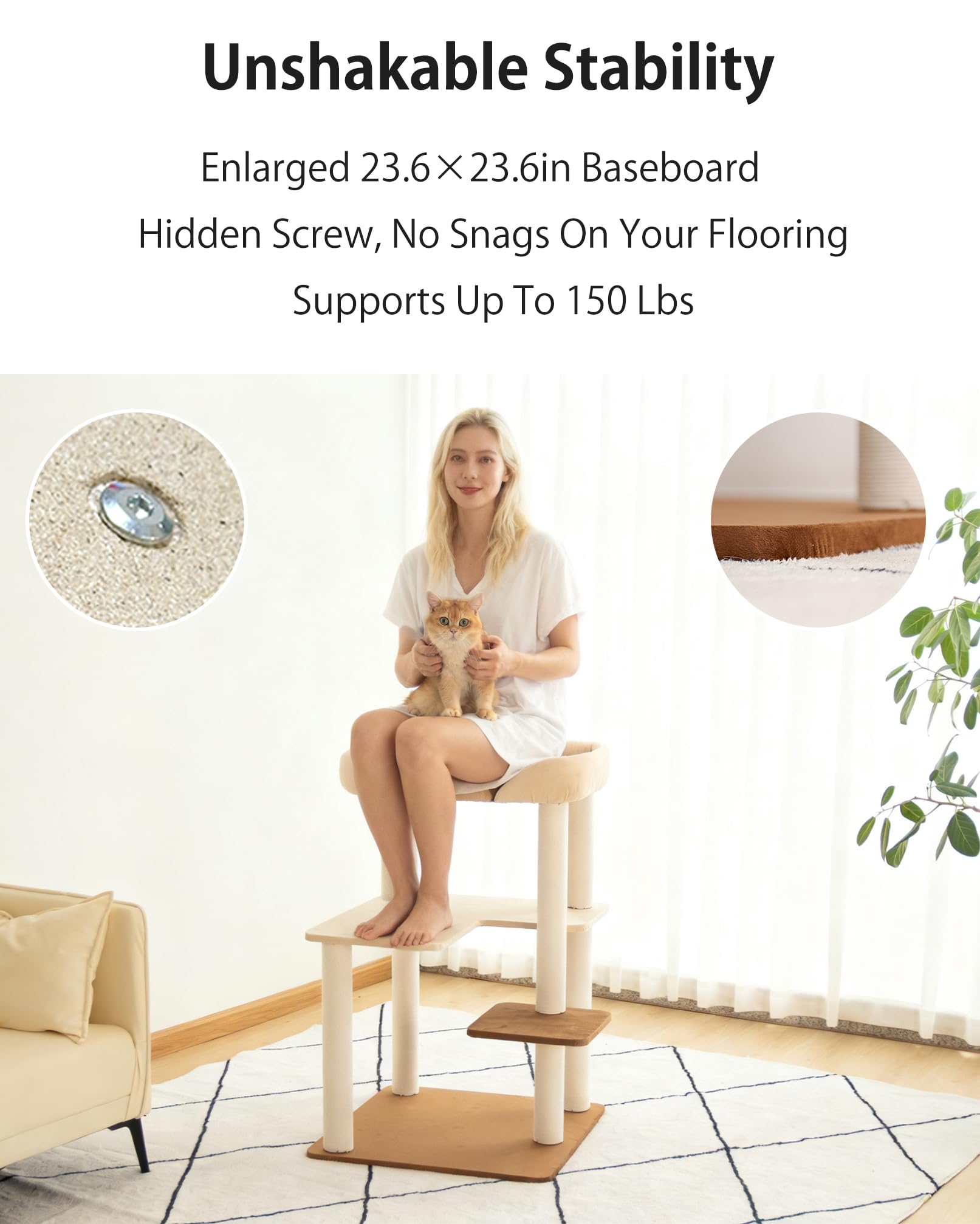 Cat Tree Tower Wooden 37.4''(95 cm), Large Cat Tree with Jump Platform &amp; Play Ball for Indoor Cats, Ideal Cat's Climbing Frame &amp; Playhouse (Linen Fabric Light Grey)