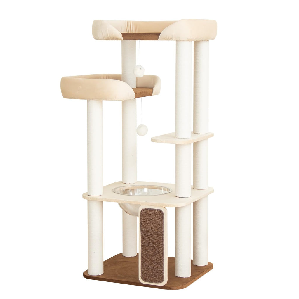 Cat Tree Tower Wooden 37.4''(95 cm), Large Cat Tree with Jump Platform &amp; Play Ball for Indoor Cats, Ideal Cat's Climbing Frame &amp; Playhouse (Linen Fabric Light Grey)