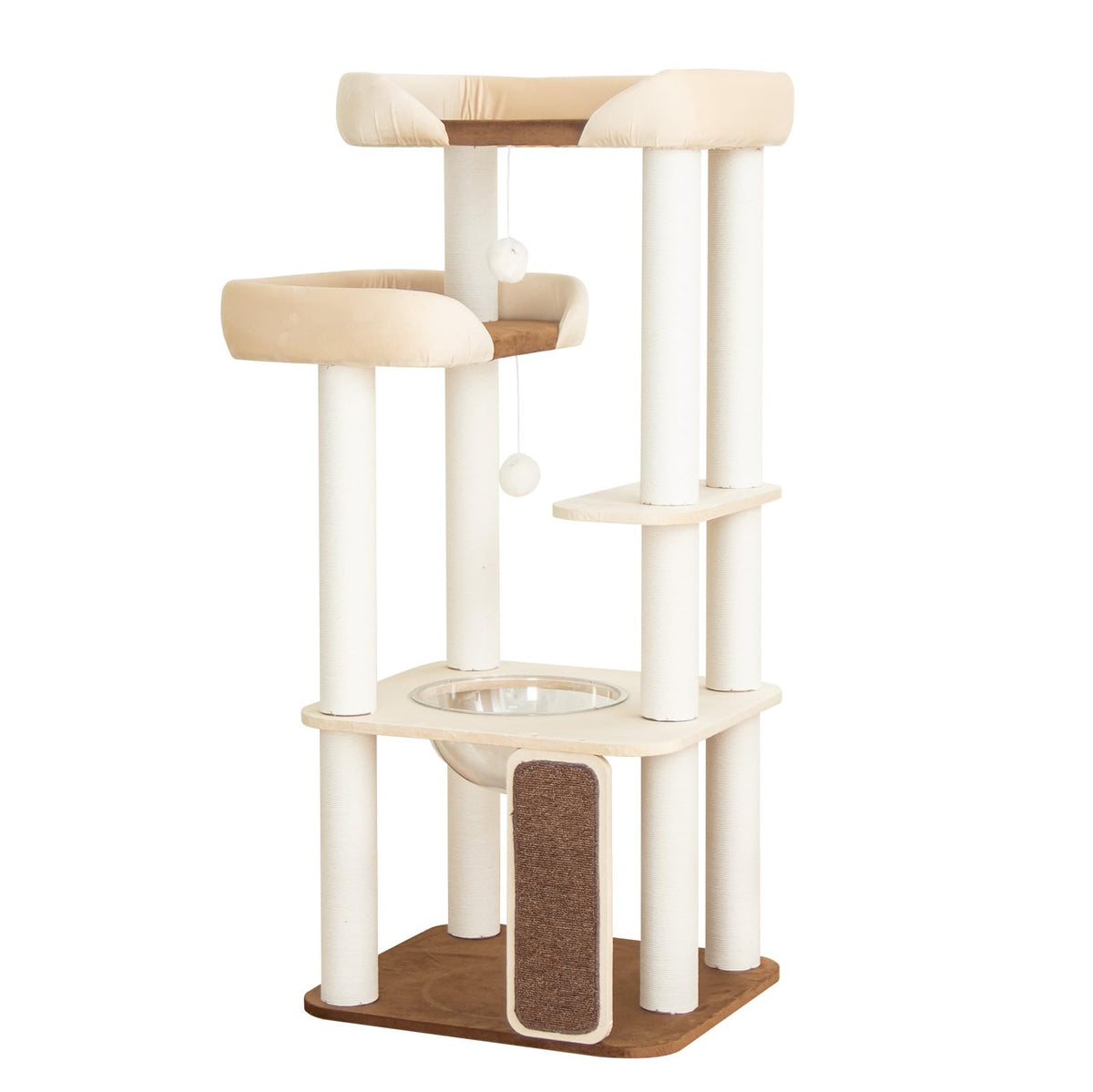 Cat Tree Tower Wooden 37.4''(95 cm), Large Cat Tree with Jump Platform &amp; Play Ball for Indoor Cats, Ideal Cat's Climbing Frame &amp; Playhouse (Linen Fabric Light Grey)