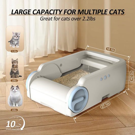 Self Cleaning Cat Litter Box, Open-Top Automatic Litter Box for Multiple Cats with App Control, Safety Sensors Protection, Odor Control Includes 2 Roll Waste Bin Liners and 1 Litter Mat, White