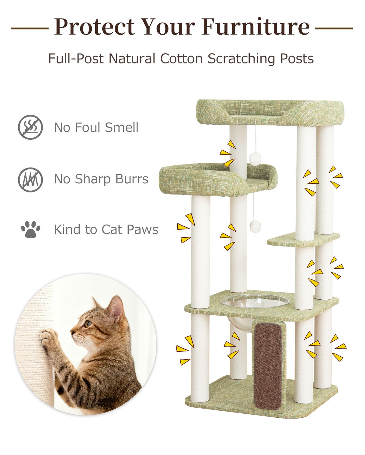 Cat Tree Tower Wooden 37.4''(95 cm), Large Cat Tree with Jump Platform &amp; Play Ball for Indoor Cats, Ideal Cat's Climbing Frame &amp; Playhouse (Linen Fabric Light Grey)