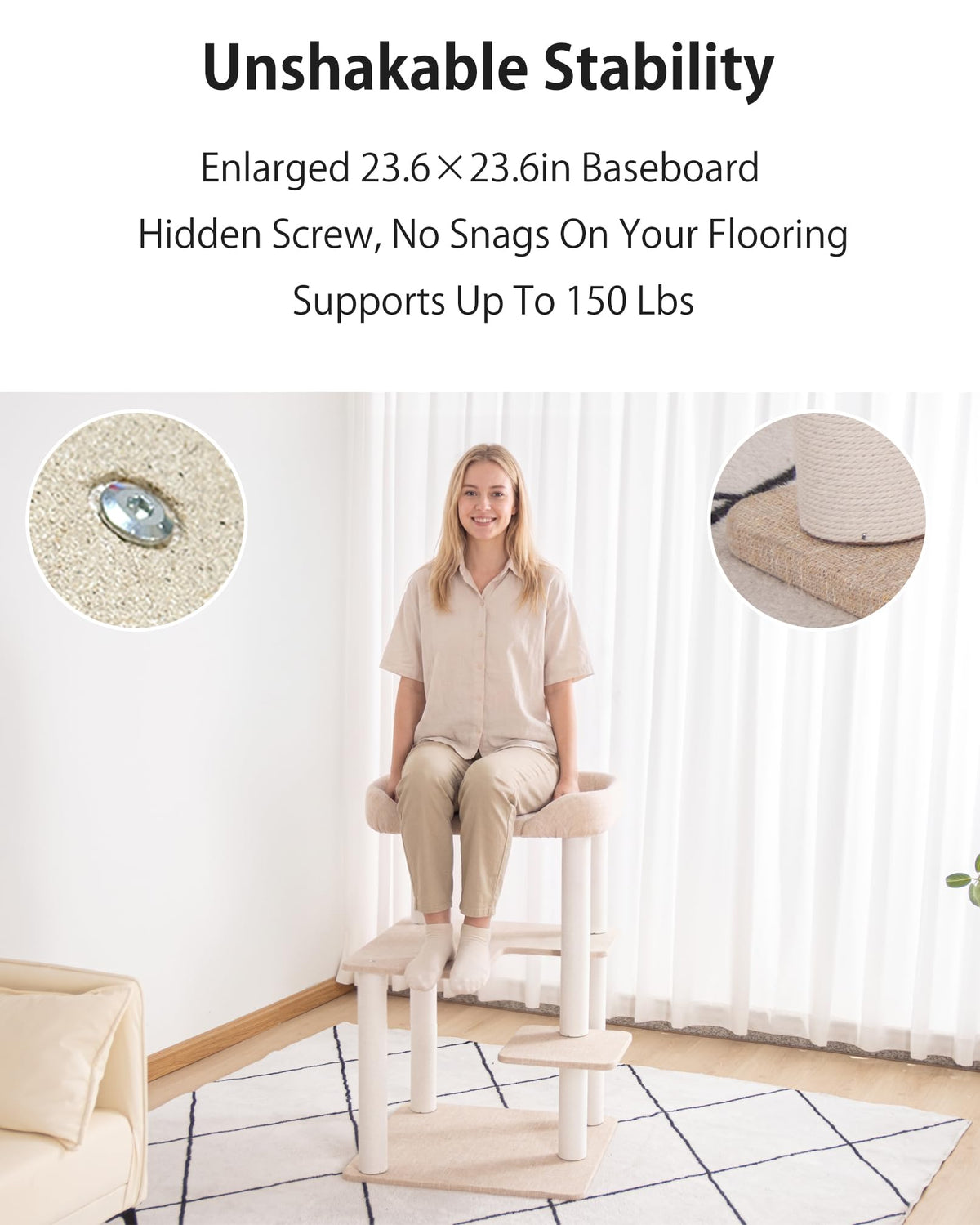 Cat Tree Tower Wooden 37.4''(95 cm), Large Cat Tree with Jump Platform &amp; Play Ball for Indoor Cats, Ideal Cat's Climbing Frame &amp; Playhouse (Linen Fabric Light Grey)