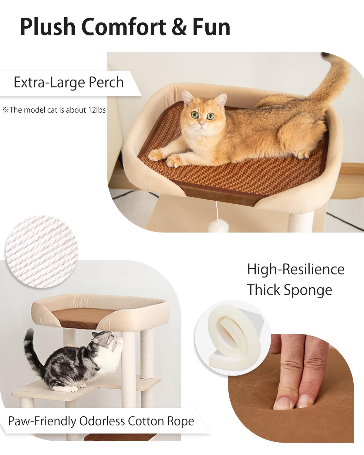 Cat Tree Tower Wooden 37.4''(95 cm), Large Cat Tree with Jump Platform &amp; Play Ball for Indoor Cats, Ideal Cat's Climbing Frame &amp; Playhouse (Linen Fabric Light Grey)