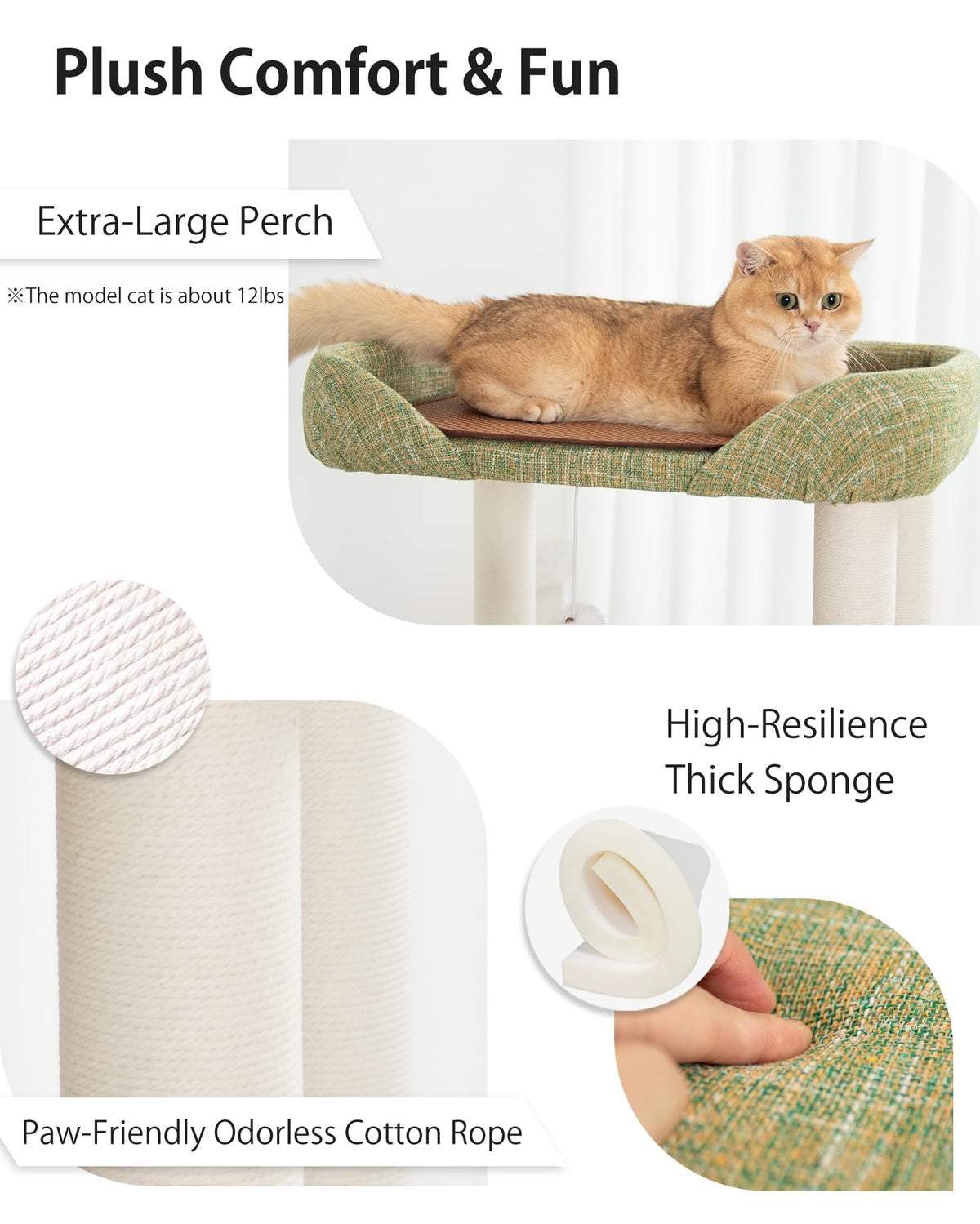Cat Tree Tower Wooden 37.4''(95 cm), Large Cat Tree with Jump Platform &amp; Play Ball for Indoor Cats, Ideal Cat's Climbing Frame &amp; Playhouse (Linen Fabric Light Grey)