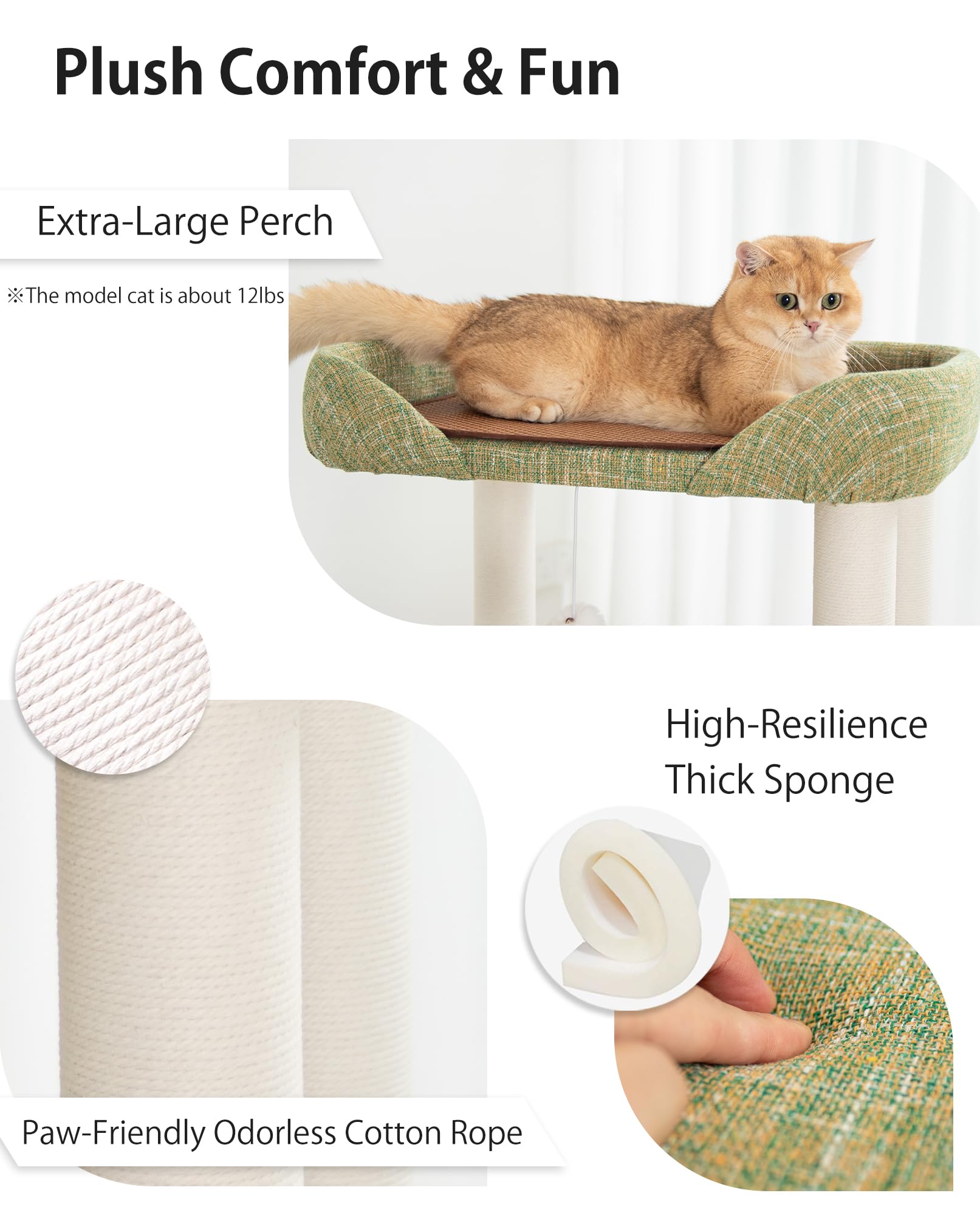 Cat Tree Tower Wooden 37.4''(95 cm), Large Cat Tree with Jump Platform &amp; Play Ball for Indoor Cats, Ideal Cat's Climbing Frame &amp; Playhouse (Linen Fabric Light Grey)