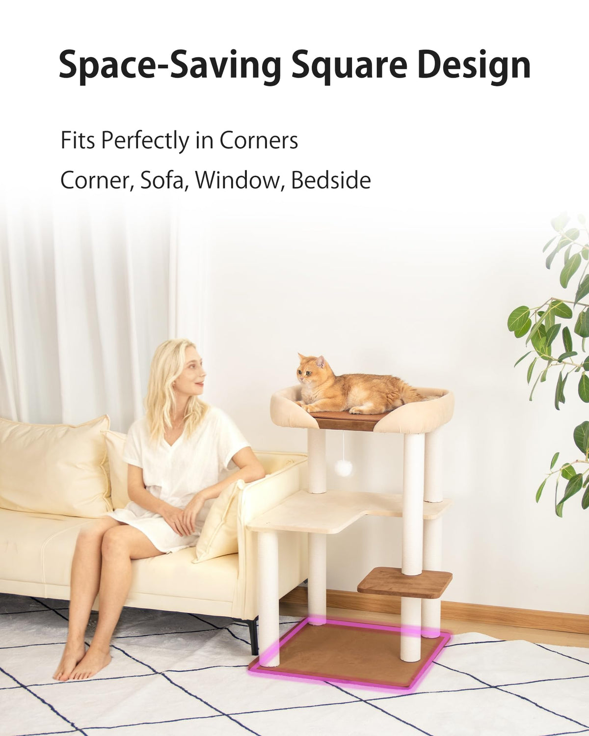 Cat Tree Tower Wooden 37.4''(95 cm), Large Cat Tree with Jump Platform &amp; Play Ball for Indoor Cats, Ideal Cat's Climbing Frame &amp; Playhouse (Linen Fabric Light Grey)