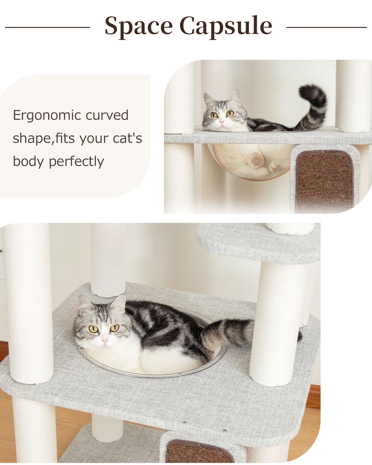 Cat Tree Tower Wooden 37.4''(95 cm), Large Cat Tree with Jump Platform &amp; Play Ball for Indoor Cats, Ideal Cat's Climbing Frame &amp; Playhouse (Linen Fabric Light Grey)