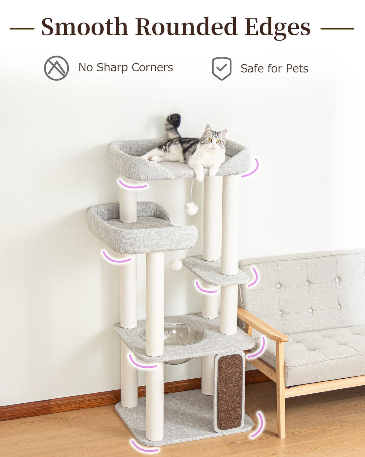 Cat Tree Tower Wooden 37.4''(95 cm), Large Cat Tree with Jump Platform &amp; Play Ball for Indoor Cats, Ideal Cat's Climbing Frame &amp; Playhouse (Linen Fabric Light Grey)