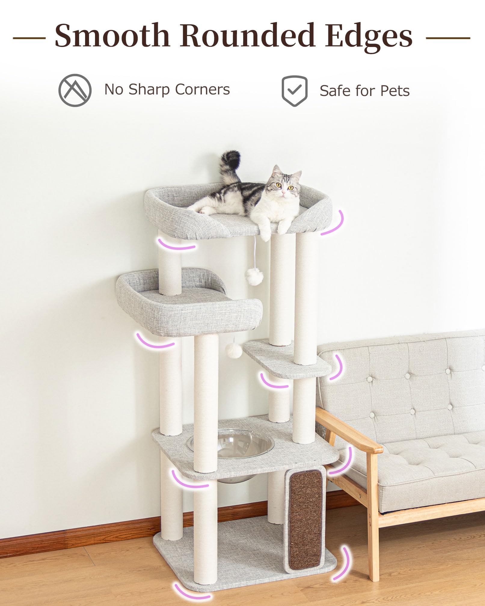 Cat Tree Tower Wooden 37.4''(95 cm), Large Cat Tree with Jump Platform &amp; Play Ball for Indoor Cats, Ideal Cat's Climbing Frame &amp; Playhouse (Linen Fabric Light Grey)