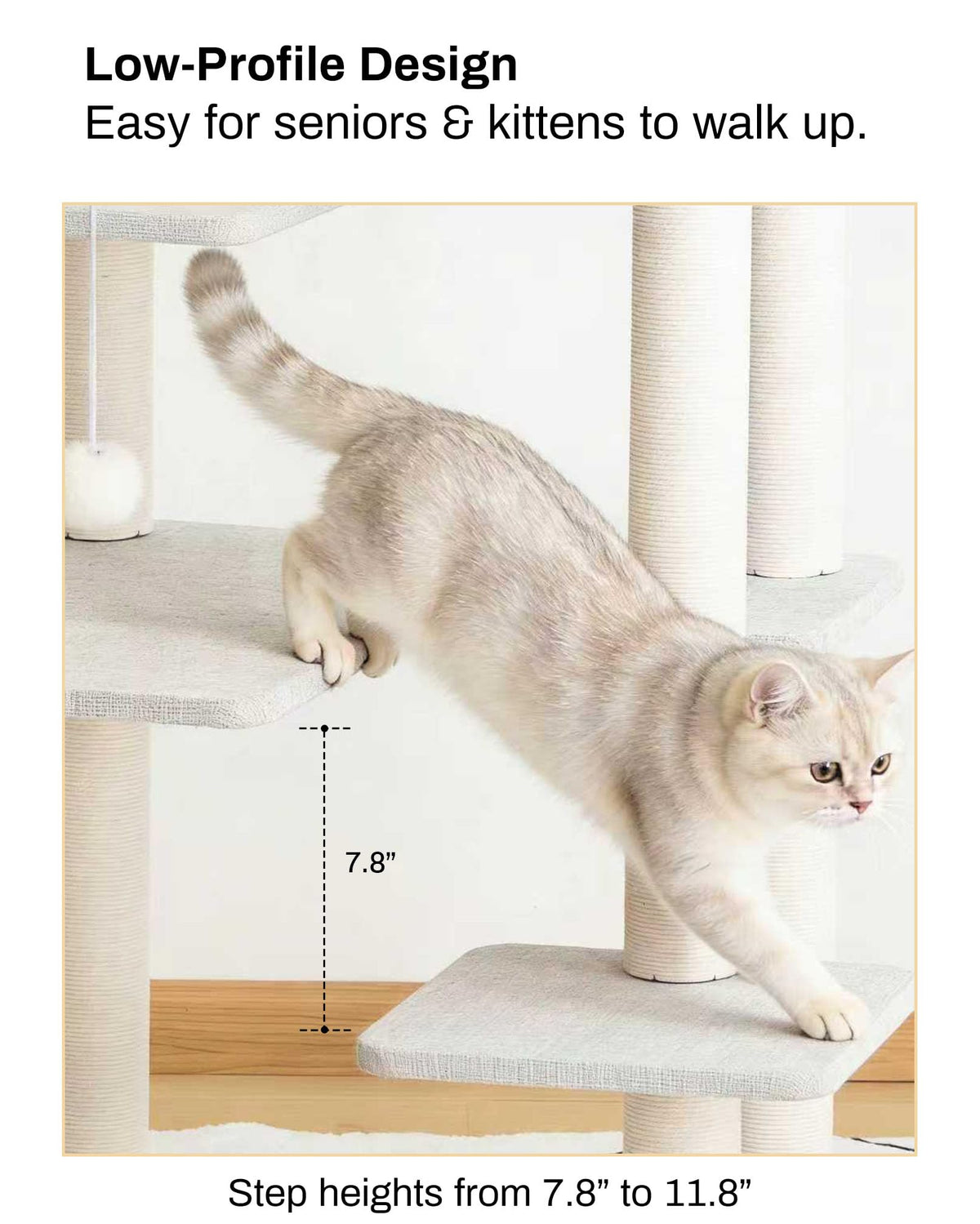 Cat Tree Tower Wooden 37.4''(95 cm), Large Cat Tree with Jump Platform &amp; Play Ball for Indoor Cats, Ideal Cat's Climbing Frame &amp; Playhouse (Linen Fabric Light Grey)
