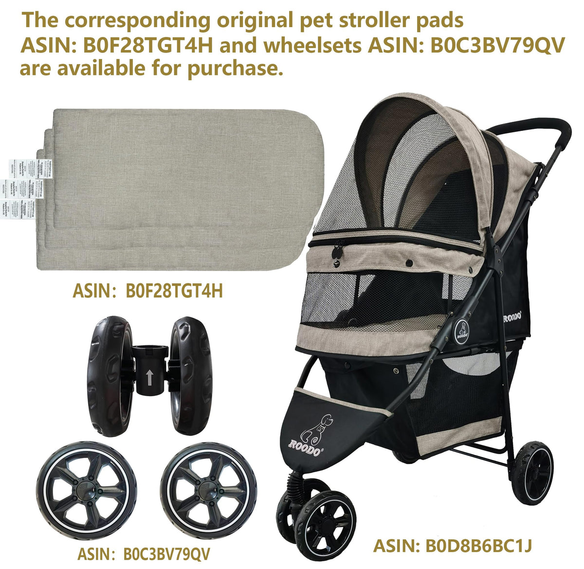 ROODO 3 Wheel Dog Pet Cat Stroller Best Lightweight Foldable Compact Portable Jogger All Terrain Travel Pet Gear Puppy Kitty Stroller for up to 30lbs Medium Small Dogs and Cats(Light Khaki)