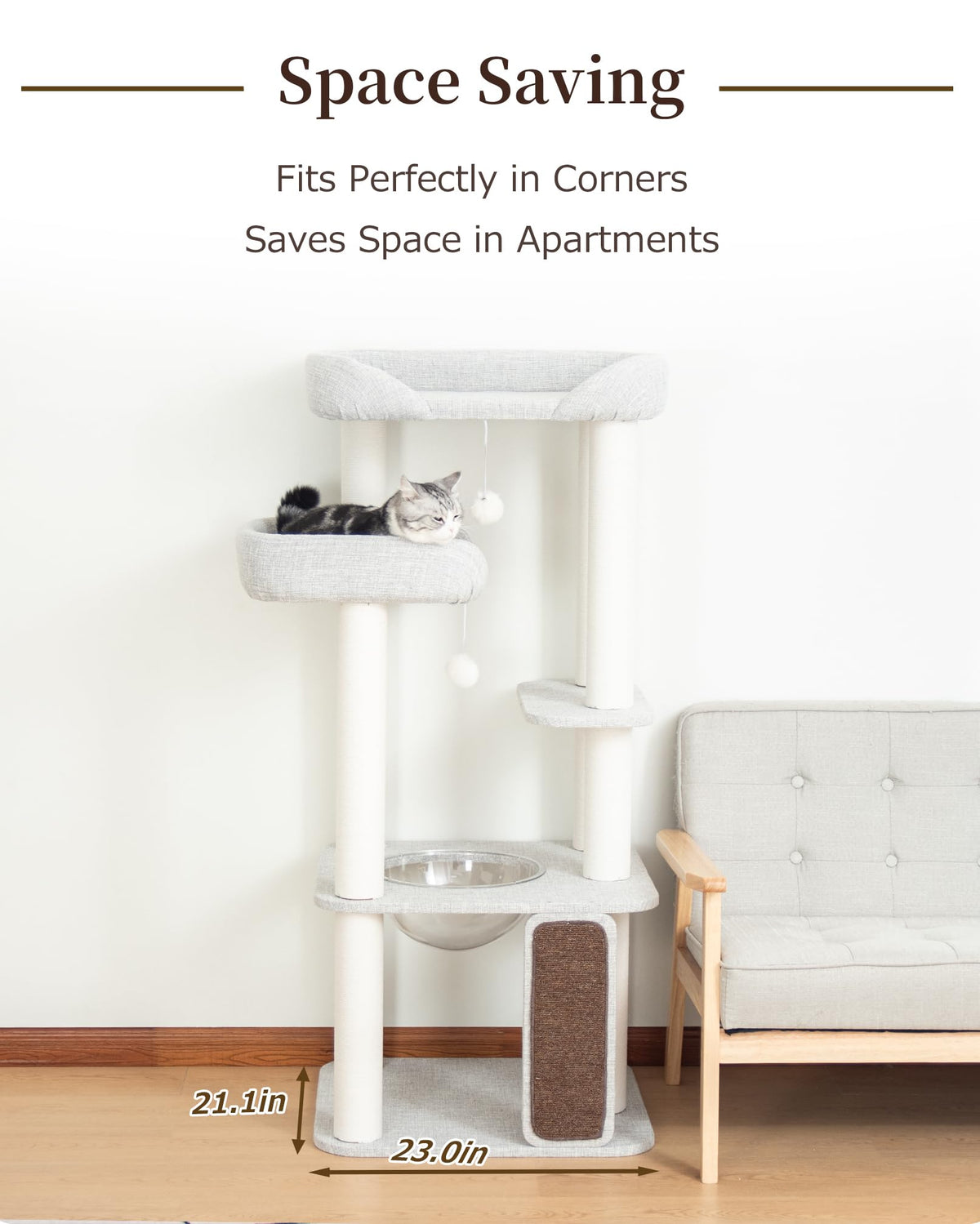Cat Tree Tower Wooden 37.4''(95 cm), Large Cat Tree with Jump Platform &amp; Play Ball for Indoor Cats, Ideal Cat's Climbing Frame &amp; Playhouse (Linen Fabric Light Grey)
