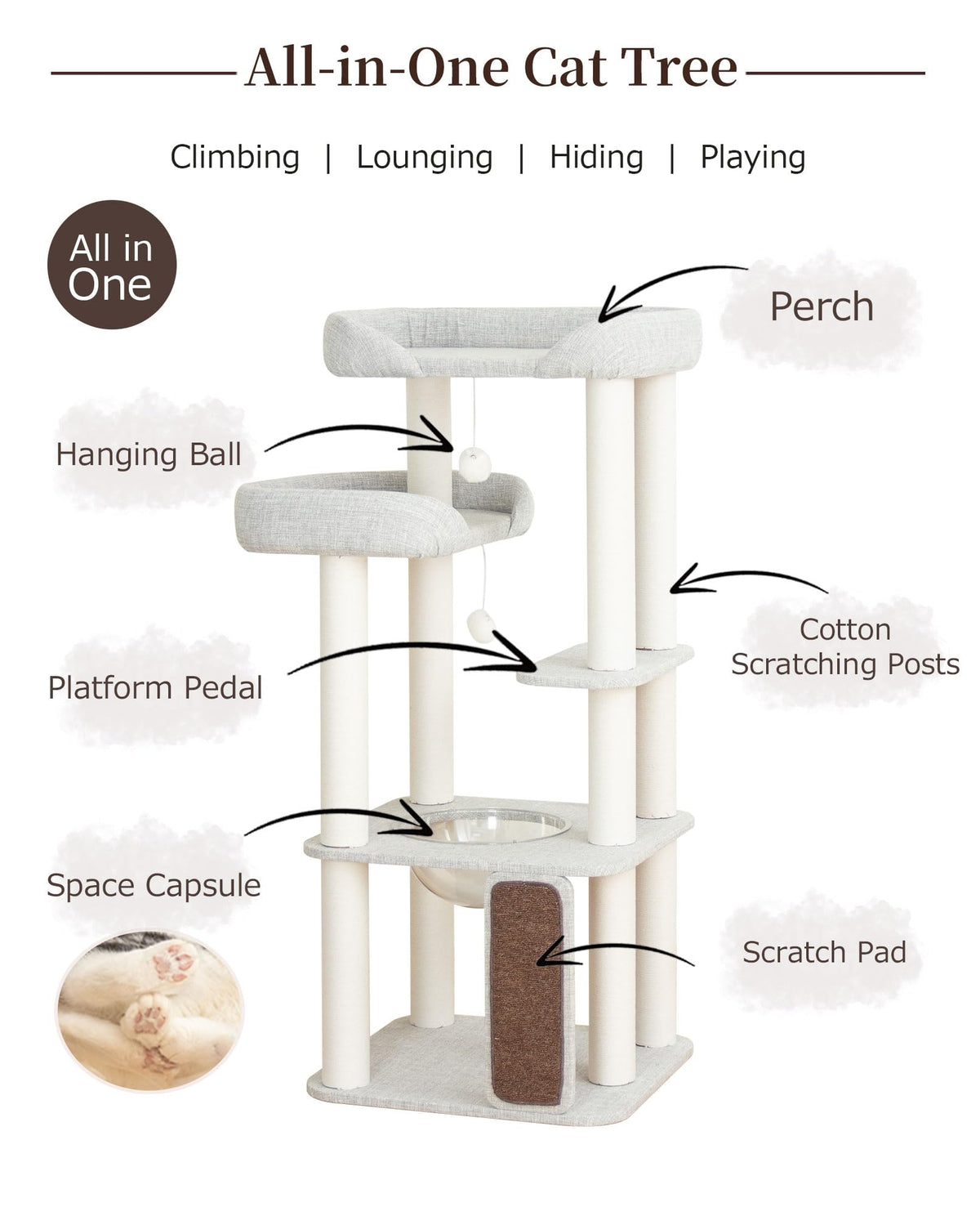 Cat Tree Tower Wooden 37.4''(95 cm), Large Cat Tree with Jump Platform &amp; Play Ball for Indoor Cats, Ideal Cat's Climbing Frame &amp; Playhouse (Linen Fabric Light Grey)