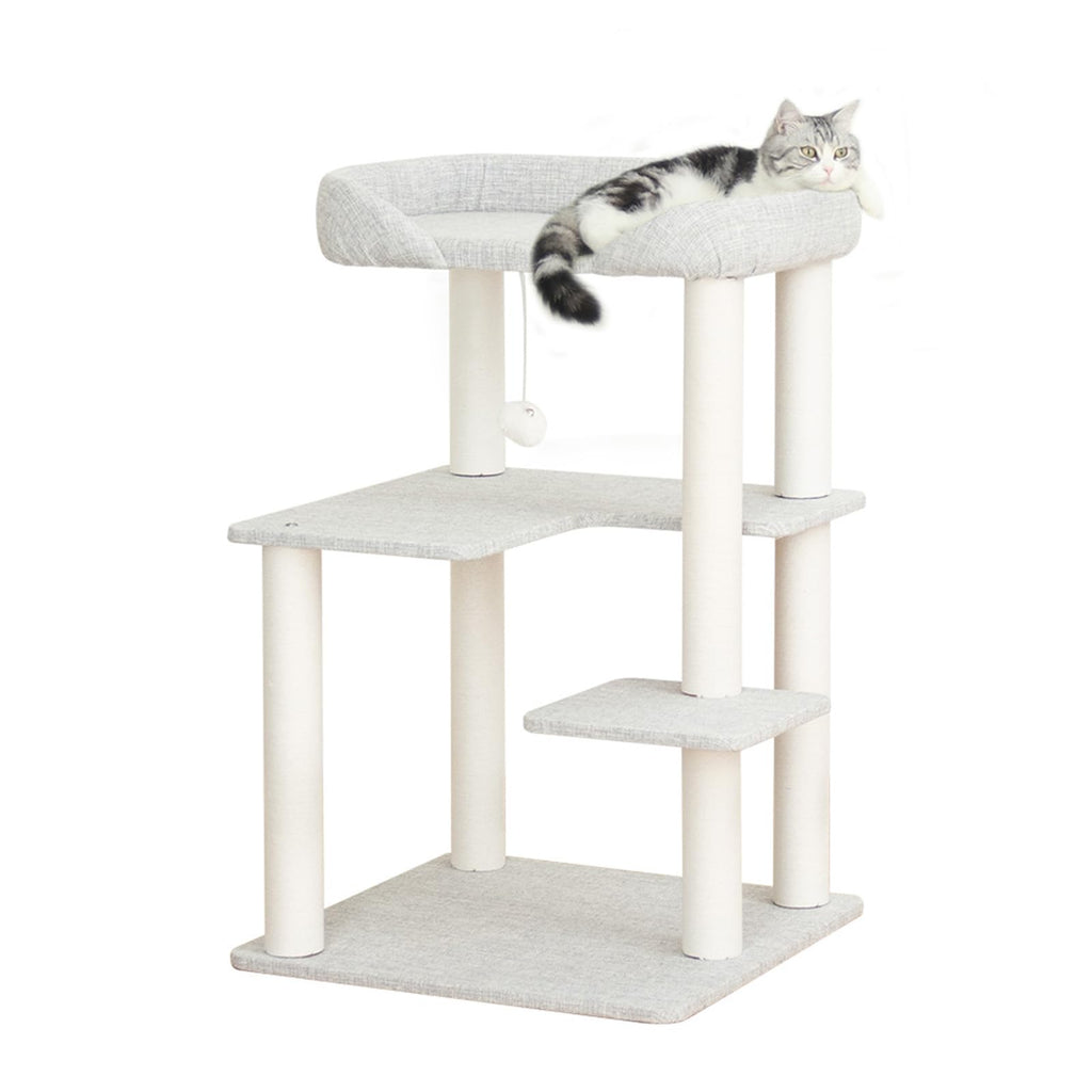 Cat Tree Tower Wooden 37.4''(95 cm), Large Cat Tree with Jump Platform &amp; Play Ball for Indoor Cats, Ideal Cat's Climbing Frame &amp; Playhouse (Linen Fabric Light Grey)
