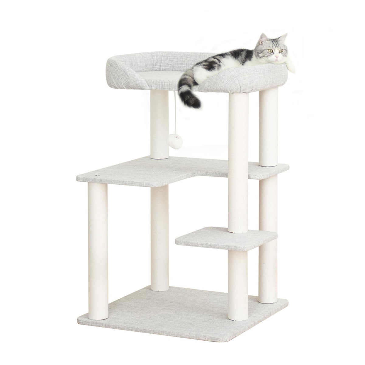 Cat Tree Tower Wooden 37.4''(95 cm), Large Cat Tree with Jump Platform &amp; Play Ball for Indoor Cats, Ideal Cat's Climbing Frame &amp; Playhouse (Linen Fabric Light Grey)