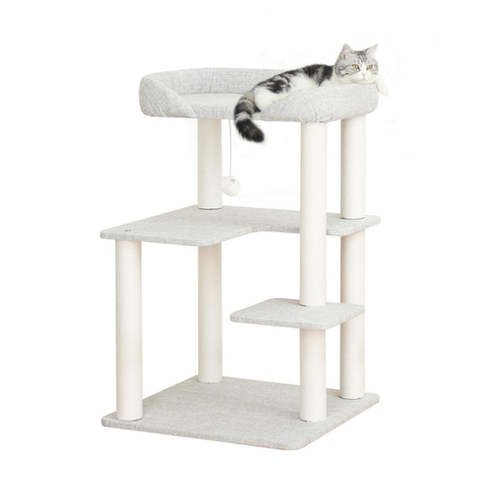 Cat Tree Tower Wooden 37.4''(95 cm), Large Cat Tree with Jump Platform &amp; Play Ball for Indoor Cats, Ideal Cat's Climbing Frame &amp; Playhouse (Linen Fabric Light Grey)