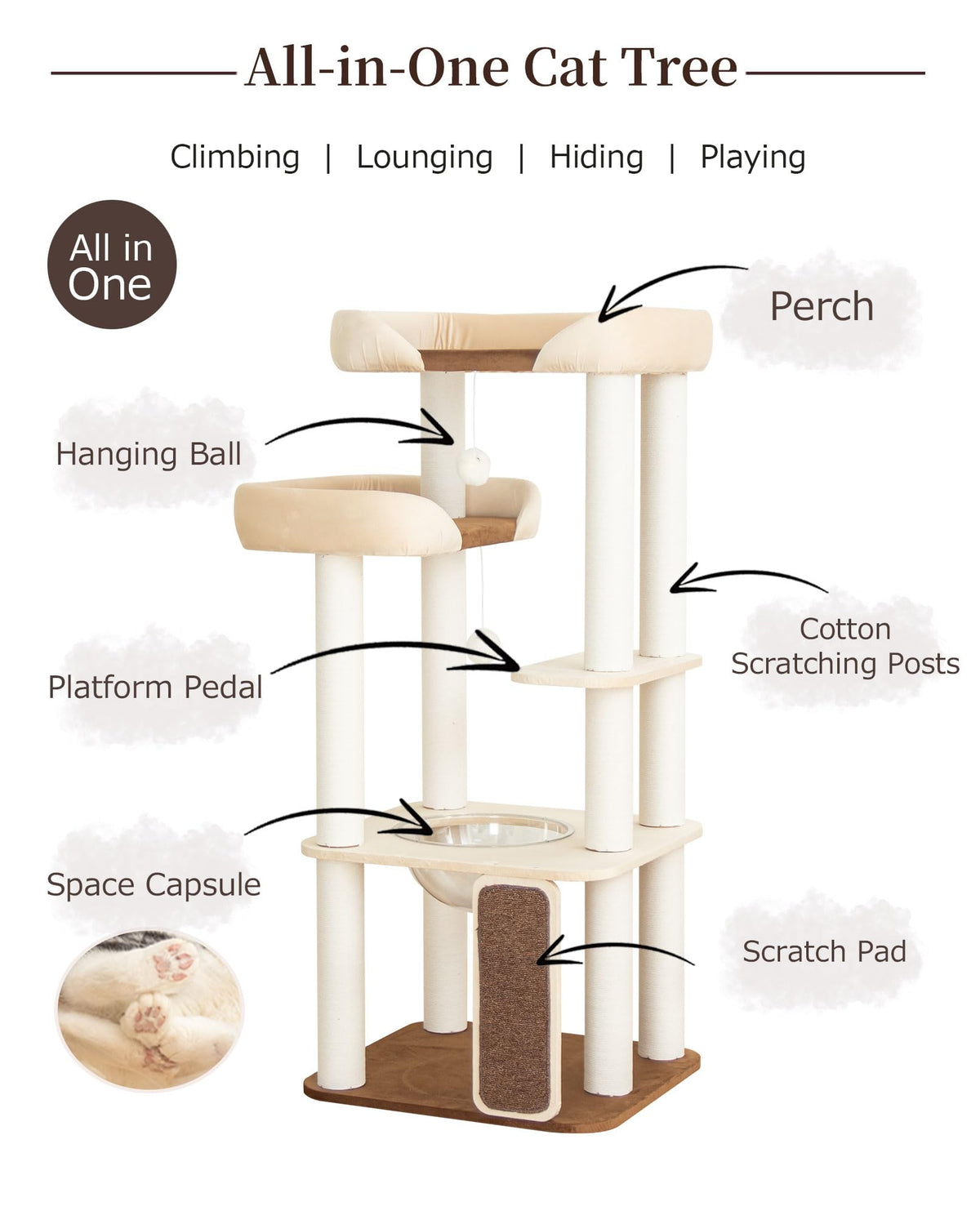 Cat Tree Tower Wooden 37.4''(95 cm), Large Cat Tree with Jump Platform &amp; Play Ball for Indoor Cats, Ideal Cat's Climbing Frame &amp; Playhouse (Linen Fabric Light Grey)