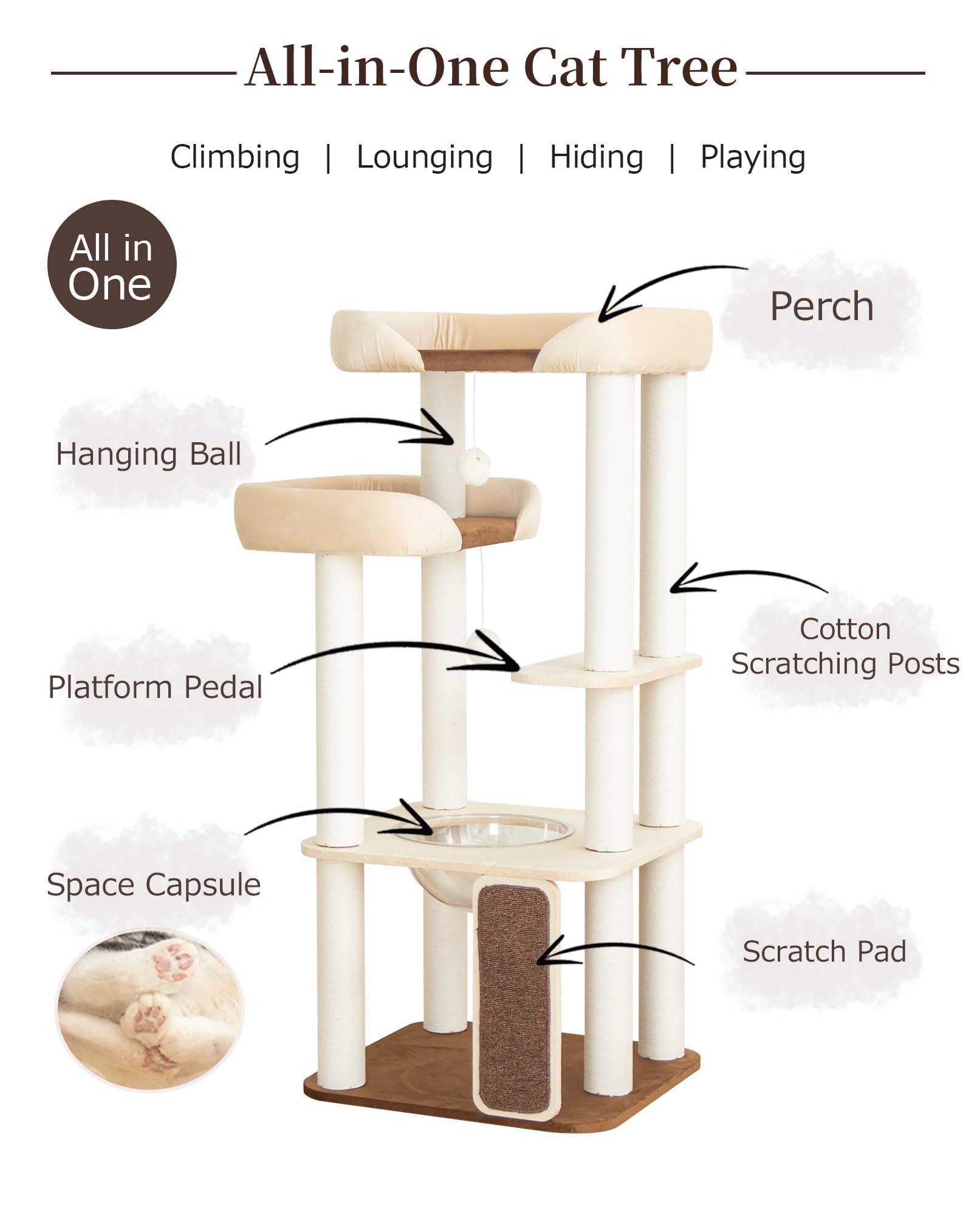 Cat Tree Tower Wooden 37.4''(95 cm), Large Cat Tree with Jump Platform &amp; Play Ball for Indoor Cats, Ideal Cat's Climbing Frame &amp; Playhouse (Linen Fabric Light Grey)