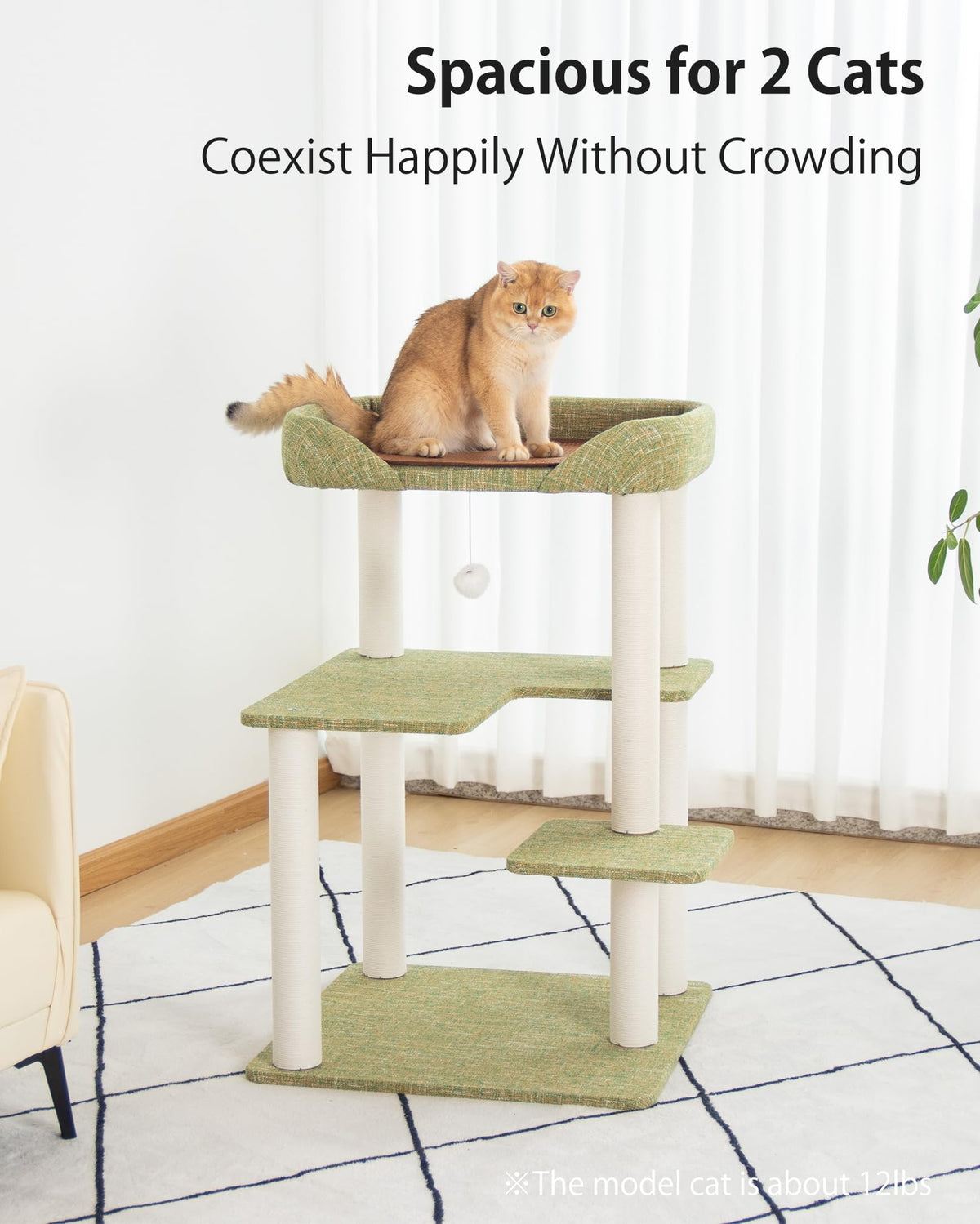 Cat Tree Tower Wooden 37.4''(95 cm), Large Cat Tree with Jump Platform &amp; Play Ball for Indoor Cats, Ideal Cat's Climbing Frame &amp; Playhouse (Linen Fabric Light Grey)
