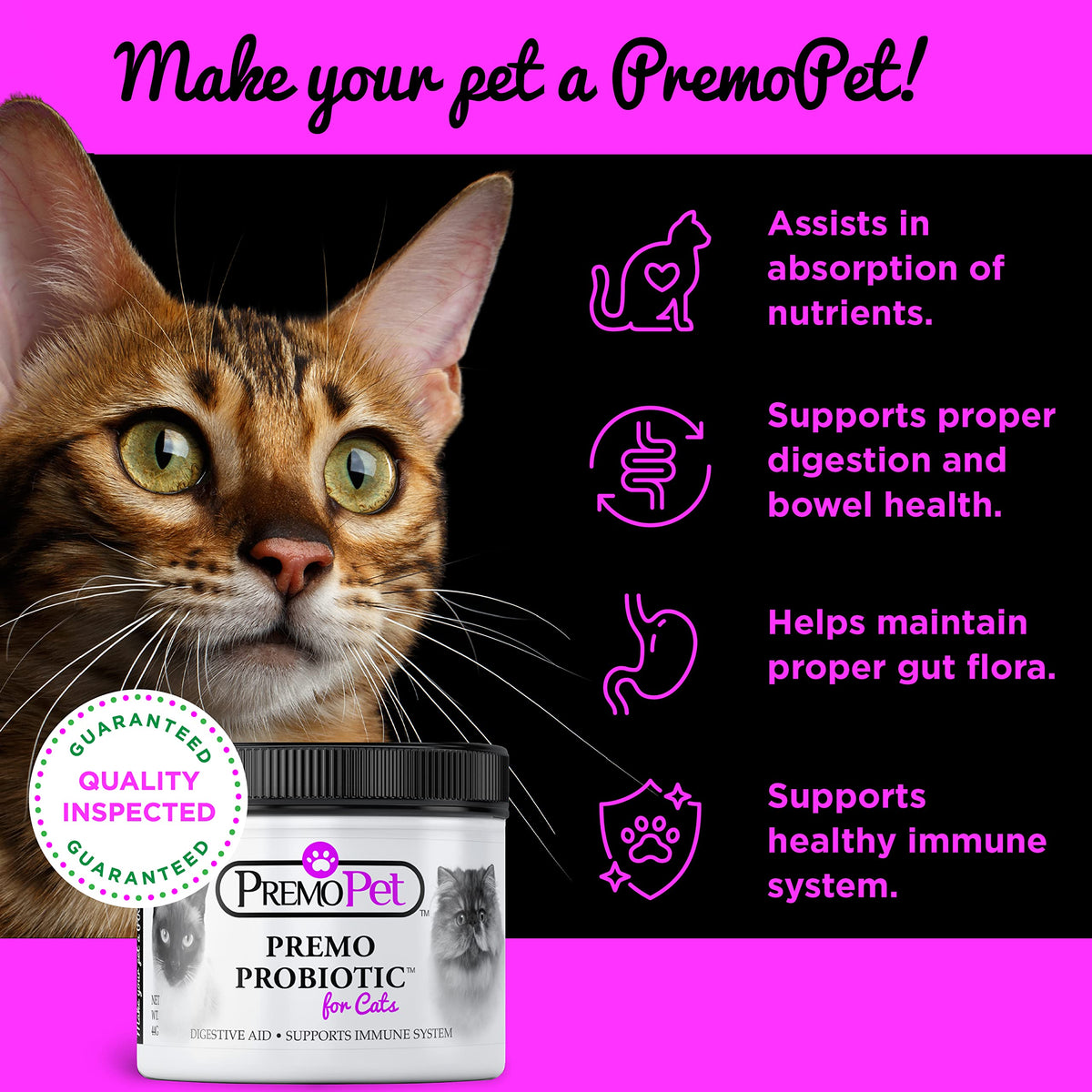 PROBIOTIC for Cats – 120 Servings - Premo Pet – Digestive Aid Plus Prebiotics - Best for Diarrhea, Vomiting, Gas, Skin Conditions – Tasteless – Wheat &amp; Dairy Free – GMP – Vet Approved