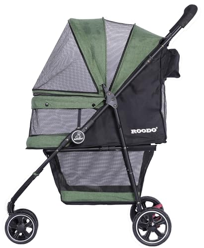 ROODO 3 Wheel Dog Pet Cat Stroller Best Lightweight Foldable Compact Portable Jogger All Terrain Travel Pet Gear Puppy Kitty Stroller for up to 30lbs Medium Small Dogs and Cats(Light Khaki)