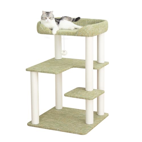 Cat Tree Tower Wooden 37.4''(95 cm), Large Cat Tree with Jump Platform &amp; Play Ball for Indoor Cats, Ideal Cat's Climbing Frame &amp; Playhouse (Linen Fabric Light Grey)