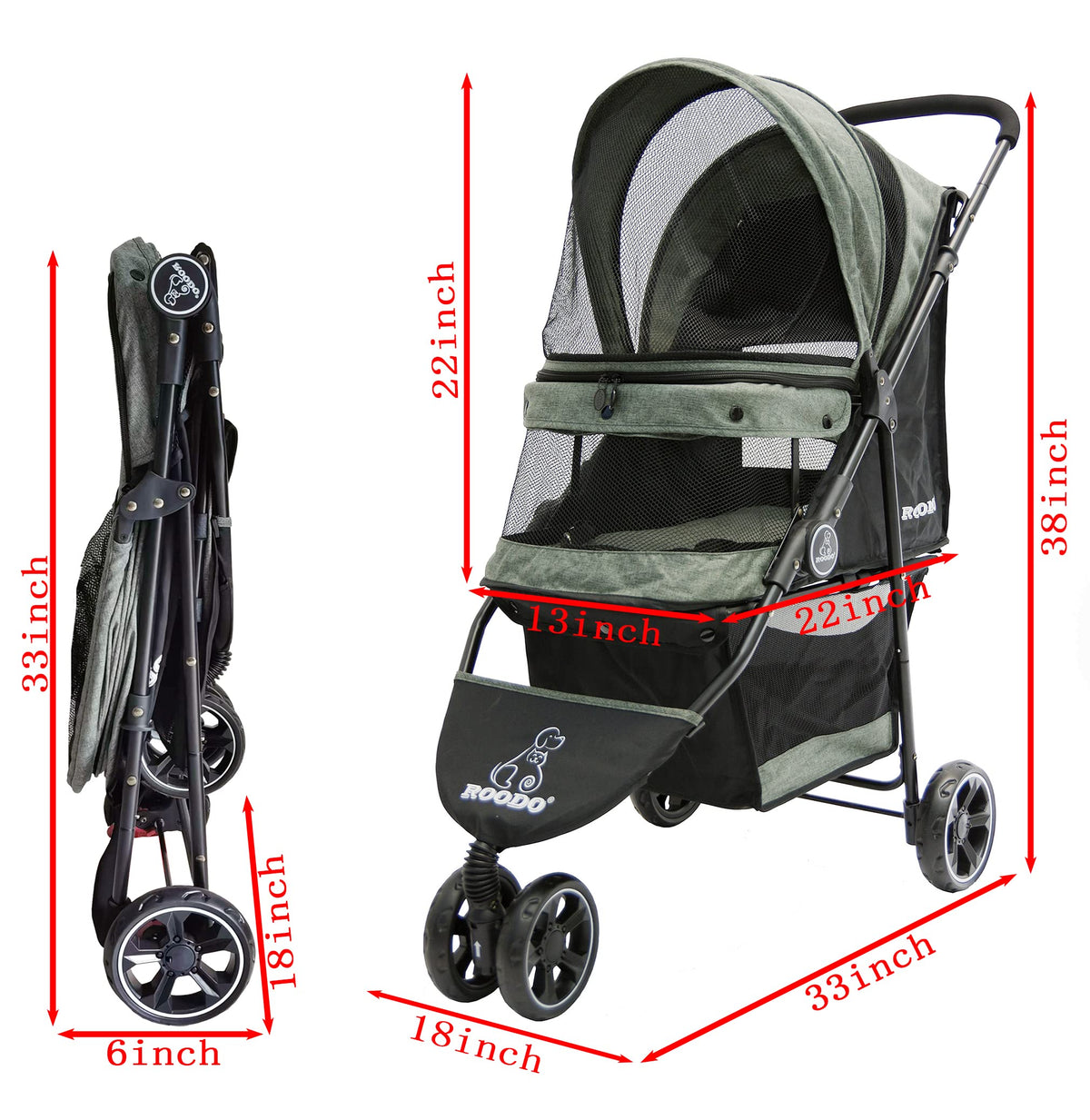 ROODO 3 Wheel Dog Pet Cat Stroller Best Lightweight Foldable Compact Portable Jogger All Terrain Travel Pet Gear Puppy Kitty Stroller for up to 30lbs Medium Small Dogs and Cats(Light Khaki)