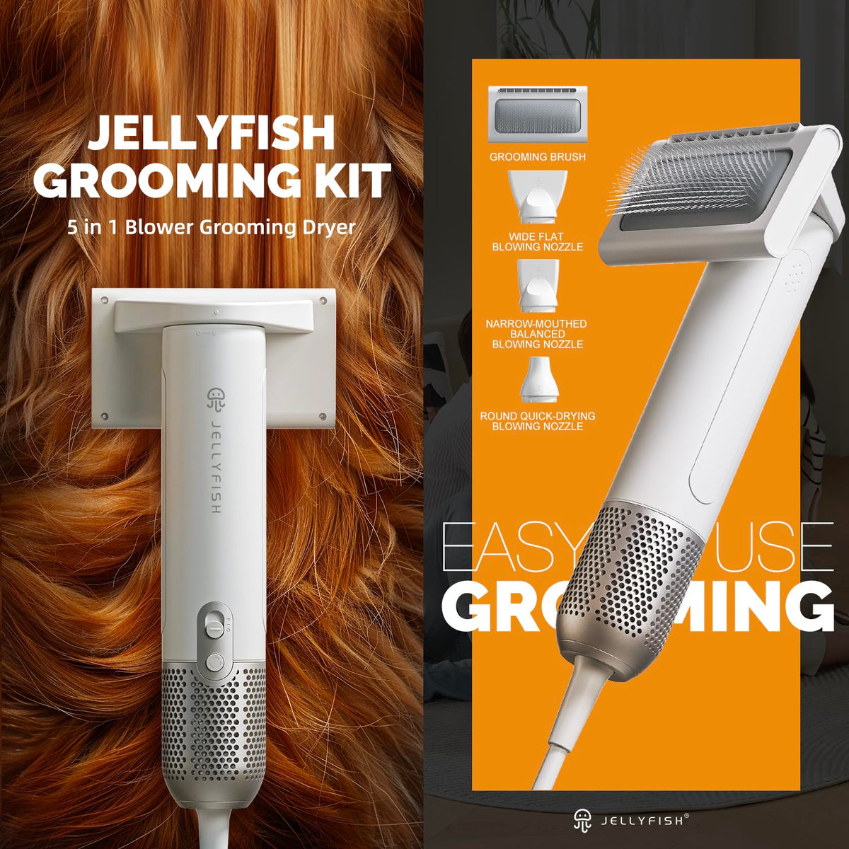 2 in 1 Grooming Kit for Pet-Dog Hair Dryer &amp; Professional Grooming Brush for Frizzy Dog Hair Styling-1.21lb Lightweight Handhold Portable High Velocity Force Blower+4 Replacement Nozzle at Home Travel